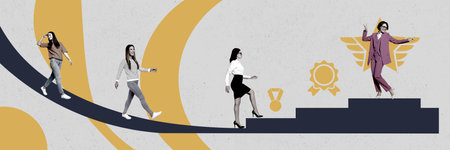 Composite trend artwork sketch image photo collage of horizontal panorama group woman work evolution career promotion win winner successの写真素材