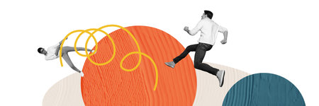 Composite collage image picture of two people run pull spring isolated on creative backgroundの写真素材