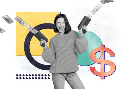 Composite trend artwork 3D sketch image photo collage of young happy woman hold money pistol work...