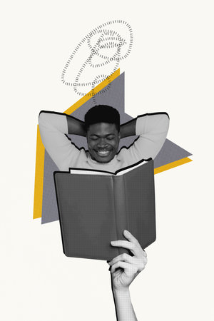 Sketch image trend artwork photo collage of black white silhouette young man think read hand hold open book library study educationの写真素材