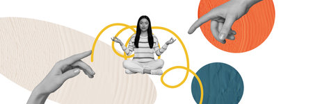 Composite collage picture image of big arms mini girl meditate isolated on creative backgroundの写真素材