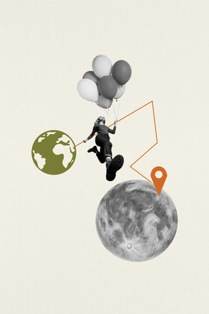 Vertical picture collage young happy girl air balloons moon planet earth world destination mark location journey explore discoverの写真素材