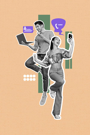 Composite sketch image artwork collage of beige color backdrop silhouette young couple man woman online date chat stand type phone laptopの写真素材