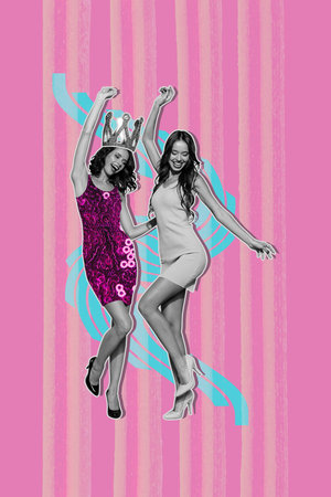 Collage artwork graphics picture of carefree funky ladies dancing having fun isolated painting backgroundの写真素材