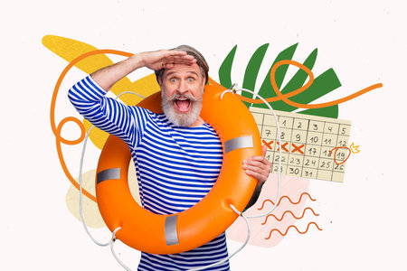 Composite photo collage of excited old man wear striped sailor shirt hold lifebuoy wait calendar...