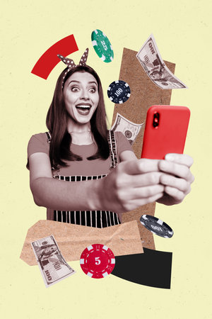 Vertical photo collage of happy astonished girl hold a smartphone device win online casino game bet income money isolated on painted backgroundの写真素材