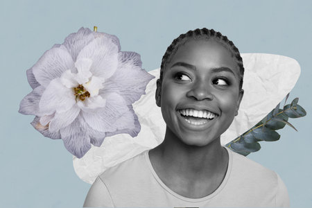 Composite trend artwork 3D collage of black white figure young lady smile portrait model posing face picture flower nature spring seasonの写真素材