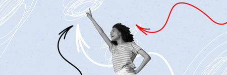 Composite collage image picture of black white colors girl point finger arrows isolated on creative backgroundの写真素材