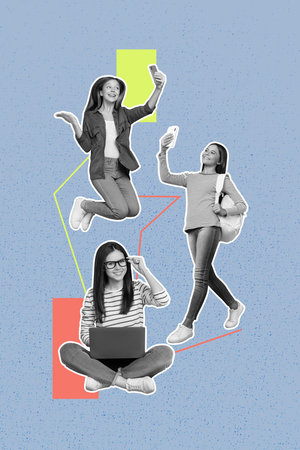 Photo comics sketch collage picture of happy smiling ladies communicating modern devices isolated graphical backgroundの写真素材