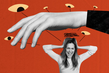 Creative collage picture young woman shout psychologic disorder freak concept eyes vision oversee peek espionage drawing backgroundの写真素材