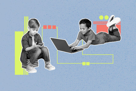 Creative collage banner poster of two kids study with gadget online over blue color backgroundの写真素材