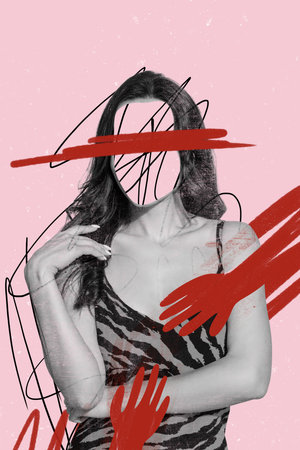 Sketch image trend artwork composite collage of abstract space silhouette faceless woman harassment bully hand touch body sexism crimeの写真素材