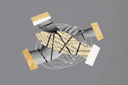 Composite photo collage of hands hold together high five support unity cooperation colleagues company isolated on painted backgroundの写真素材