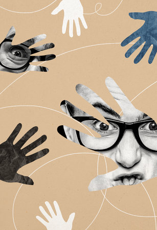 Vertical photo collage of hand palm inside crazy angry guy psyche mood bipolar creepy syndrome illness isolated on painted backgroundの写真素材