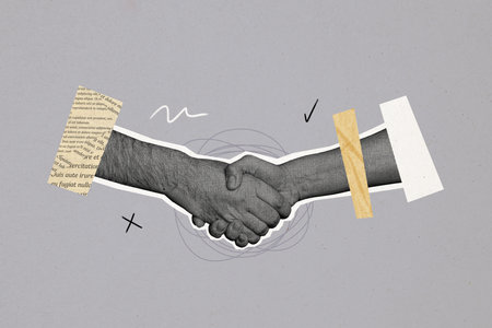 Composite photo collage of hand shake organization success deal cooperation meeting colleagues workers isolated on painted backgroundの写真素材