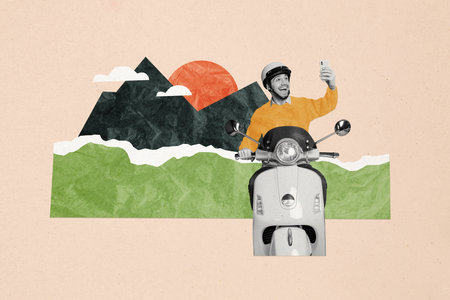 Composite photo collage of happy guy make photo selfie on a smartphone ride moped scooter mountain landmark vacation isolated on painted backgroundの写真素材