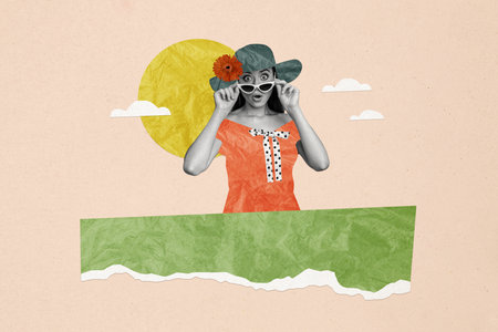 Composite photo collage of astonished girl wear hat flower sunglass sunny weekend vacation relax trip isolated on painted backgroundの写真素材