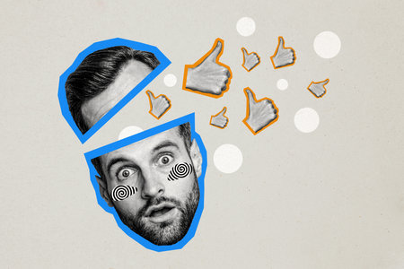 Composite photo collage of astonished man cut head receive pile thumb up popular blogging concept like isolated on painted backgroundの写真素材