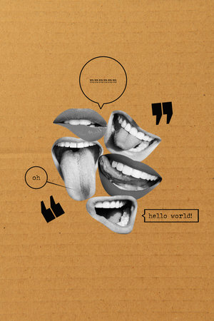 Vertical image collage human mouths face fragments psychedelic concept talk speech textbox hello world quote author citationの写真素材
