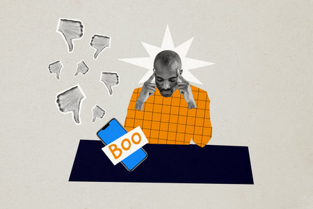 Composite photo collage of sad american man boo smartphone screen failure blog thumb down unpopular...
