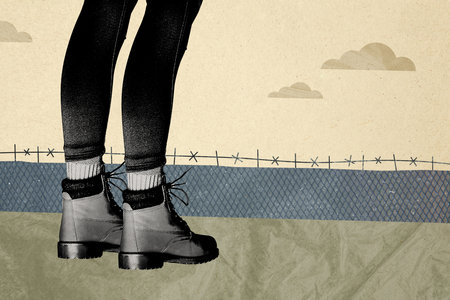 Composite photo collage of female feet stand fence obstacle prison concept criminal punishment illegal isolated on painted backgroundの写真素材