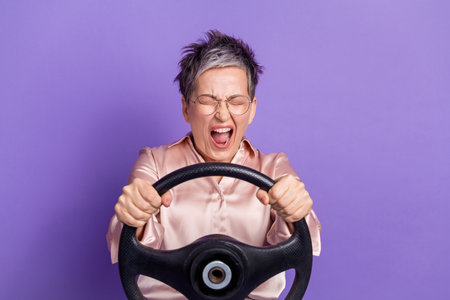Photo portrait of attractive retired woman shout drive scared accident dressed stylish satin clothes...