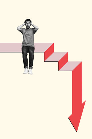 Composite artwork collage image of mini guy sit big arrow down isolated on creative backgroundの写真素材