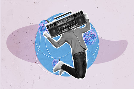 Creative trend collage of listen music boombox instead head dancing have fun jump weird freak...