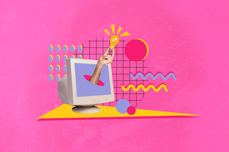 Photo collage composite artwork sketch image of vibrant pink color retro computer monitor display hand appear finger hold idea lamp lightの写真素材