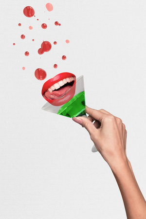 Collage image artwork poster of funny happy girl hold glass celebrate party isolated on drawing backgroundの写真素材