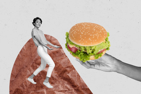 Composite sketch image artwork photo collage of huge burger junk food eat snack hands hold online order young woman solve dietingの写真素材