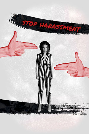 3D photo collage trend sketch image of black white silhouette confused young lady show gesture hand like pistol stop harassment bullyingの写真素材