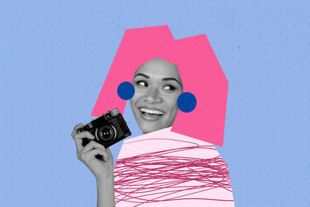 Creative collage image young cheerful woman photographer hold vintage camera shoot picture drawing doodles pink hairstyleの写真素材