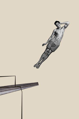 Collage image artwork of crazy cheerful man jumping diving high trampoline isolated on creative...