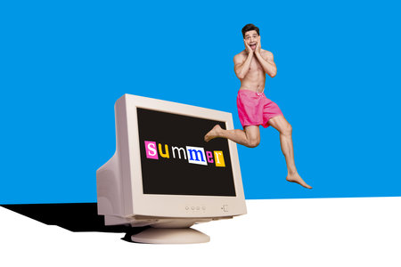 Collage image artwork of craxy happy funky man running computer display isolated on creative drawing...
