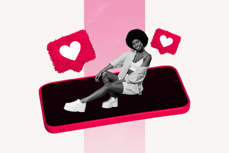 Composite artwork sketch collage of huge smartphone heart icon notification woman top model sit on...