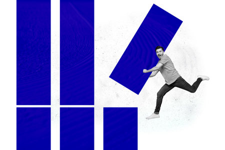 Creative abstract template collage of funny man building blocks blue rectangle career development...