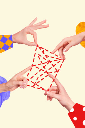 Collage picture artwork poster of people arms playing game solving trouble isolated on creative drawing backgroundの写真素材