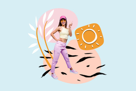 Creative image collage picture smiling young stand woman sunny weather outdoors leisure walk nature...