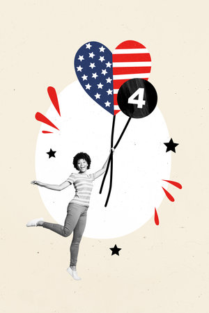 Photo collage artwork minimal picture of excited lady rising 4th july balloons isolated graphical backgroundの写真素材