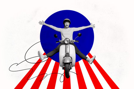 Composite collage image of ride scooter travel national independence america day fourth july concept weird freak bizarre unusual fantasyの写真素材