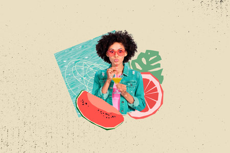 Composite photo collage of astonished american girl pouted lips hold cocktail glass sea resort party vacation isolated on painted backgroundの写真素材