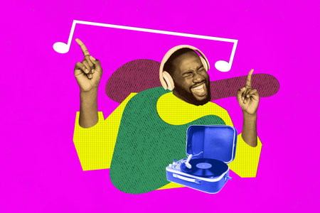 Composite photo collage of happy american guy dj dance retro discotheque party vinyl disk recorder...