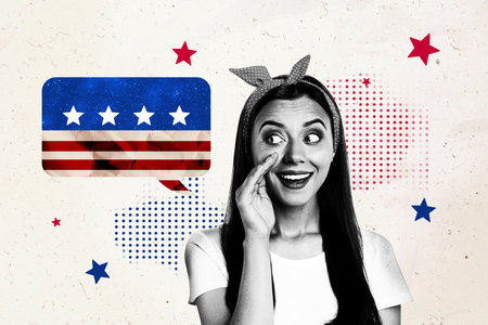 Creative retro 3d collage image of tricky cunning lady making 4th july announcement isolated beige color backgroundの写真素材