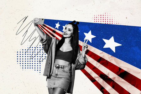 Photo cartoon comics sketch collage picture of happy lady celebrating 4th july recording video vlog...