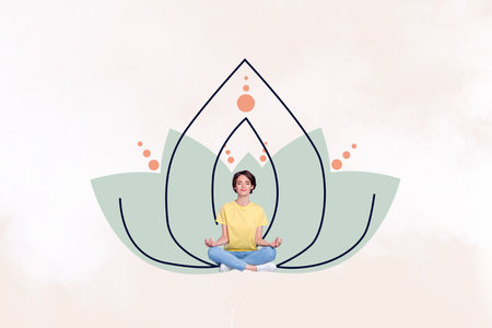 Composite collage image picture of mini girl meditate lotus flower isolated on creative backgroundの写真素材