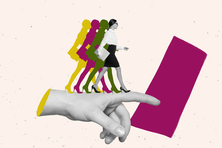 Collage image artwork poster of successful woman lady going achieve success isolated on creative painted backgroundの写真素材