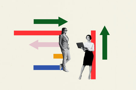 Creative image collage young businesswoman colleagues arrow increase positive results startup...
