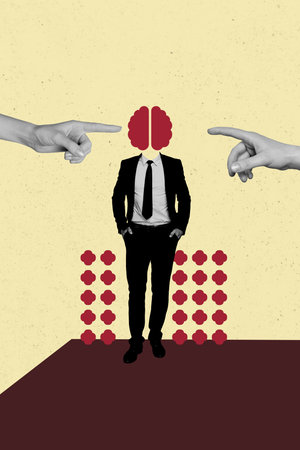 Vertical photo collage of human hand point guy wear formal suit instead head brain organ cortex...