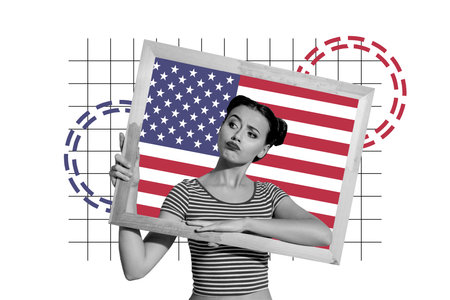 Composite collage image of funny girl frame photo national independence america day fourth july concept fantasy billboard comics zineの写真素材